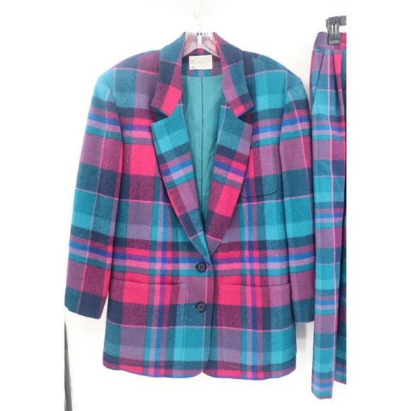 Vintage pendleton women's 10 tweed virgin wool skirt set jacket plaid pleated - Picture 2 of 13